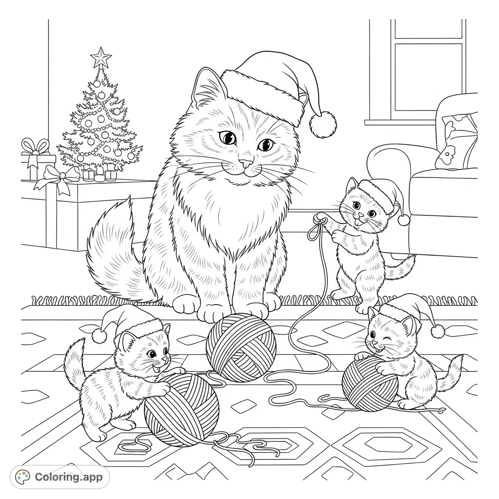 A festive scene with a fluffy cat and three playful kittens, two in Santa hats, amid a delightful tangle of yarn and a decorated miniature Christmas tree.