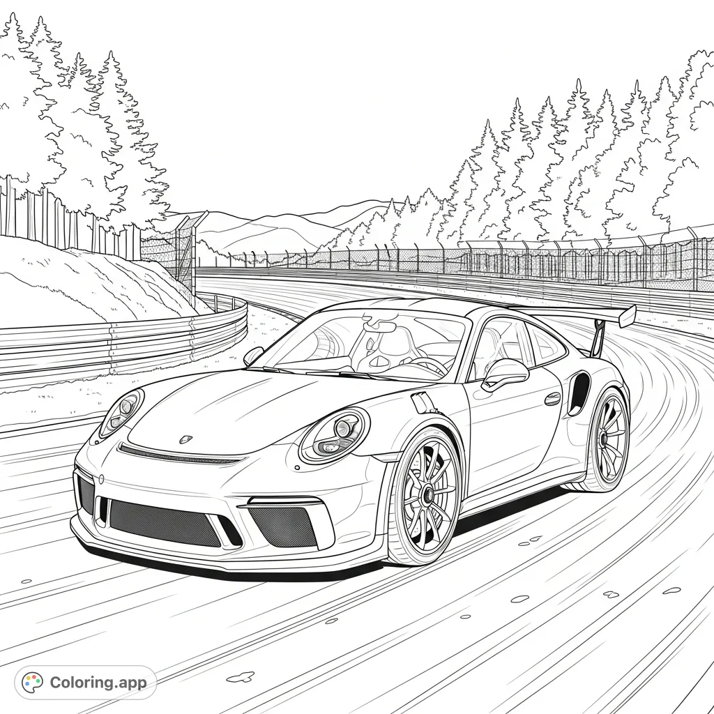 Experience the thrill of the Porsche 911 GT3 RS on the legendary Nordschleife with this dynamic coloring page, perfect for car enthusiasts and detail lovers.