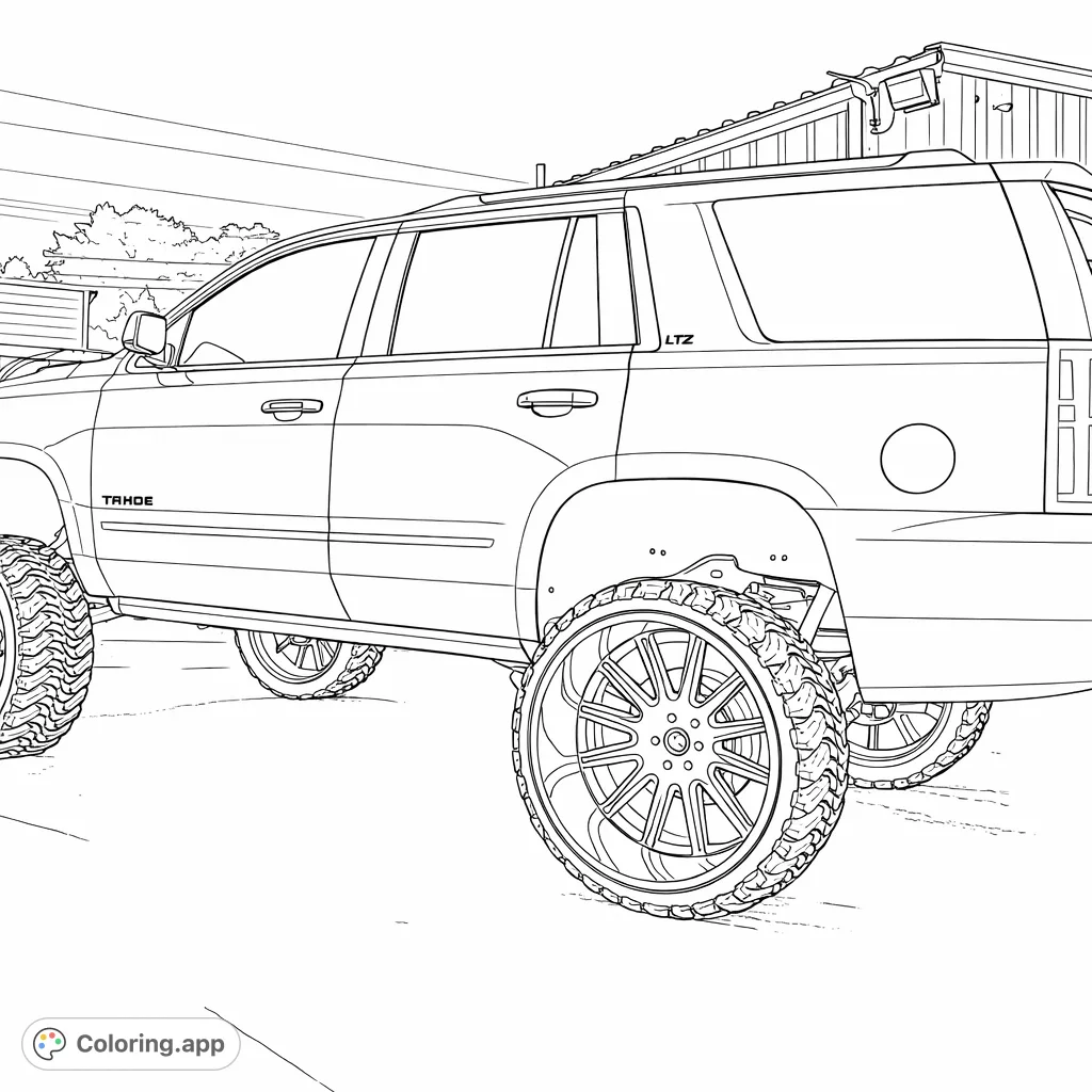 Explore a powerful custom lifted SUV with intricate wheels and a rugged stance. Perfect for automotive enthusiasts and detailed coloring.