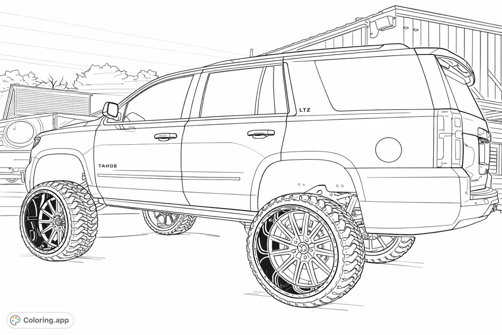 Color this powerful lifted SUV with custom wheels and rugged tires. Perfect for automotive enthusiasts to customize every detail and bring to life.