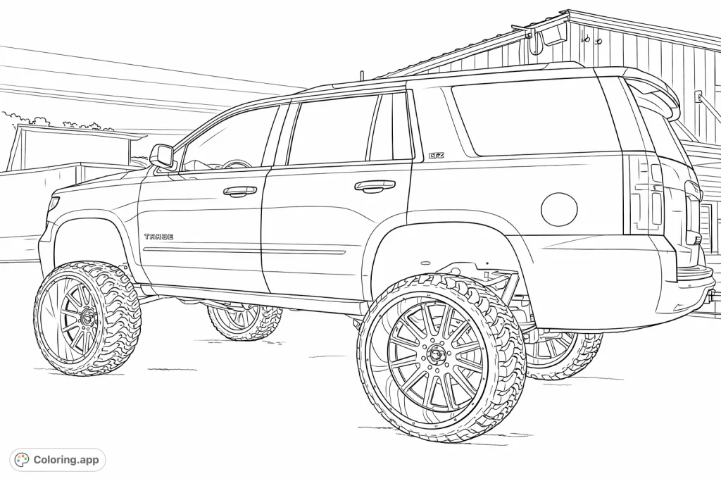 Experience the thrill of coloring a powerful lifted SUV with impressive custom wheels and rugged tires. Perfect for vehicle enthusiasts.