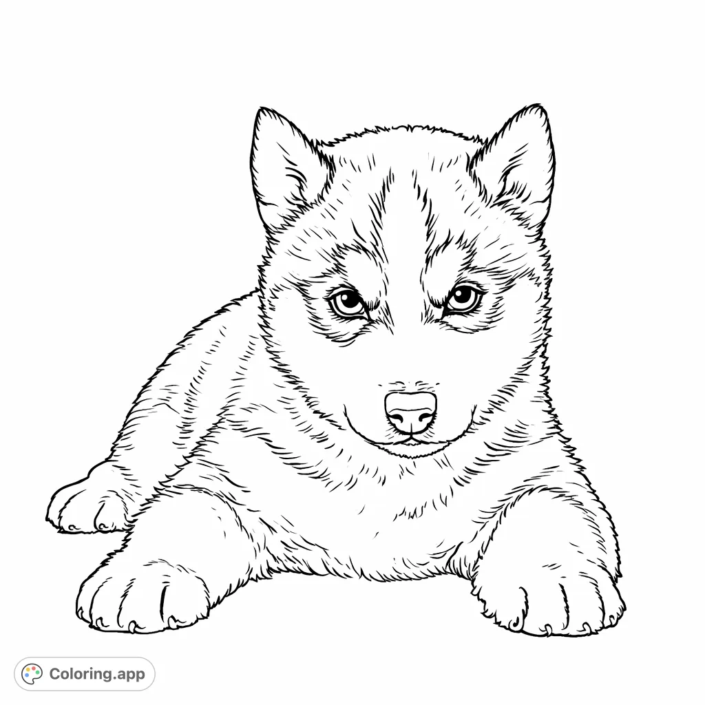 An adorable husky puppy with distinctive facial markings and fluffy fur, lying down and looking directly forward. A charming animal coloring page.