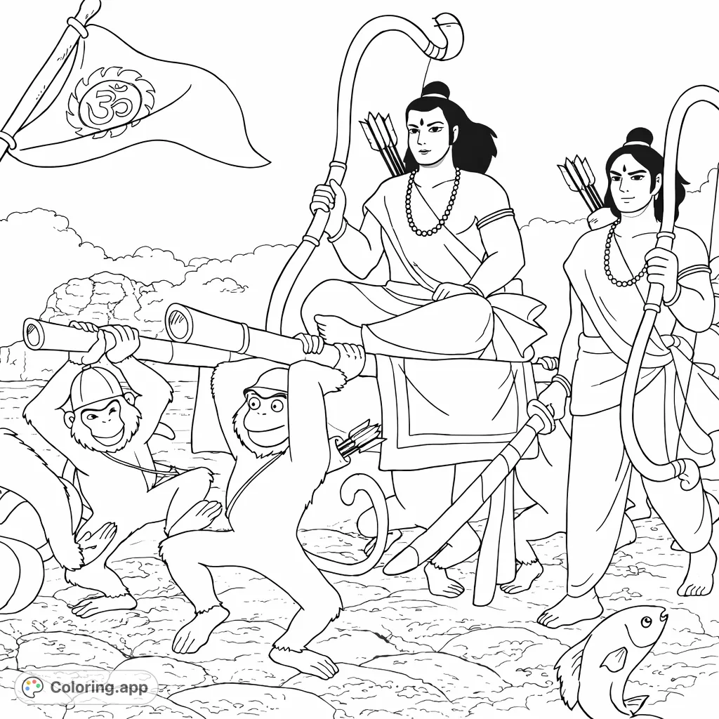 Embark on an epic mythological adventure. Color the divine heroes, their loyal monkey companions, and a majestic journey across a rocky shore under a vast sky.