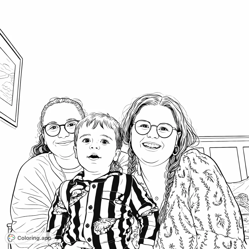 Capture a heartwarming family moment featuring two adults and a child in comfortable, patterned pajamas, perfect for a cozy and personal coloring experience.