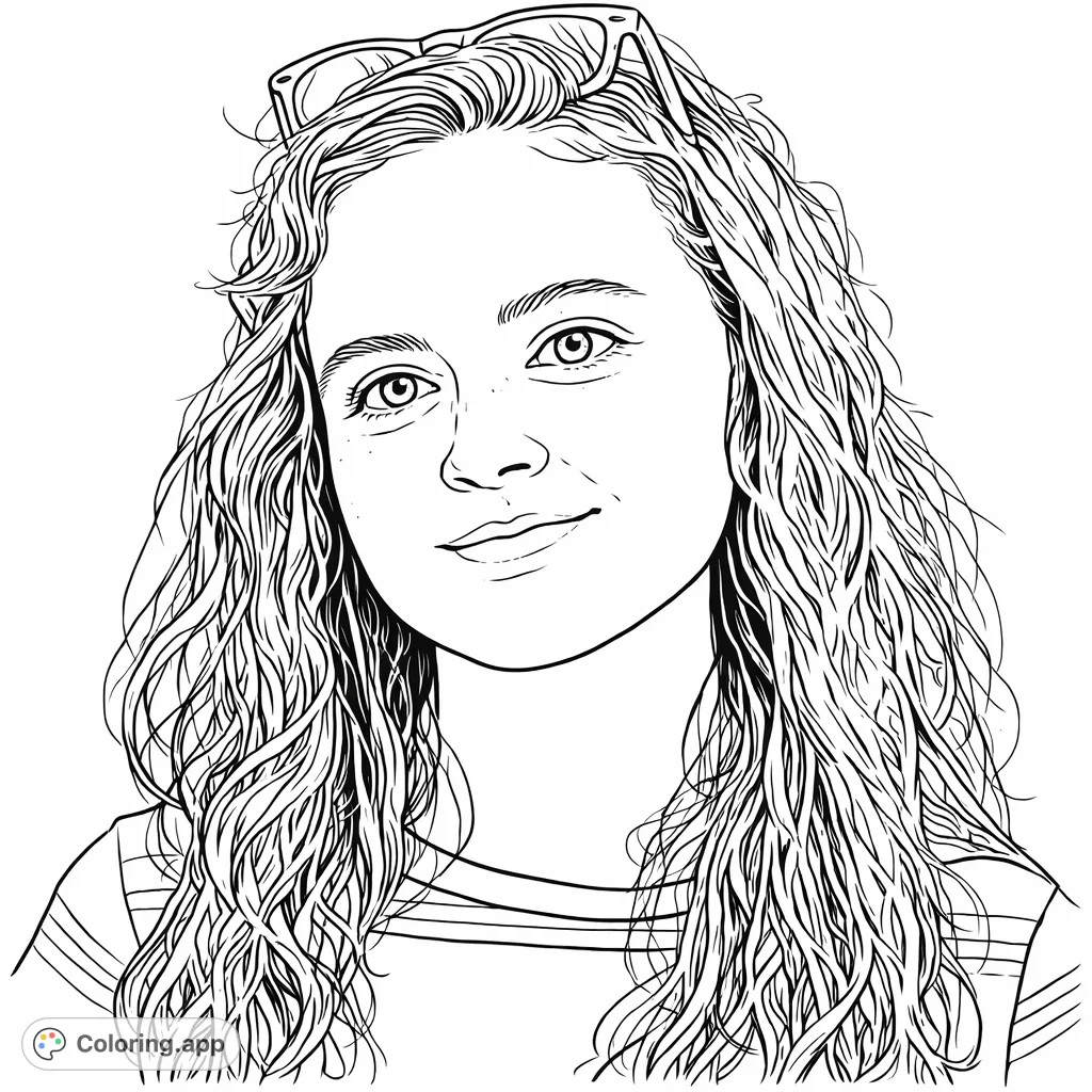 A charming portrait coloring page featuring a youthful individual with wavy hair and sunglasses perched on their head, inviting creative expression through vibrant hues.
