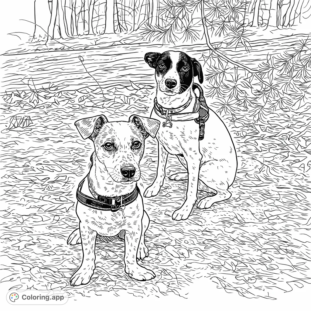 Adorable scene featuring two friendly dogs sitting on a forest floor amidst fallen leaves and trees. A charming forest dog coloring page for nature and animal lovers.