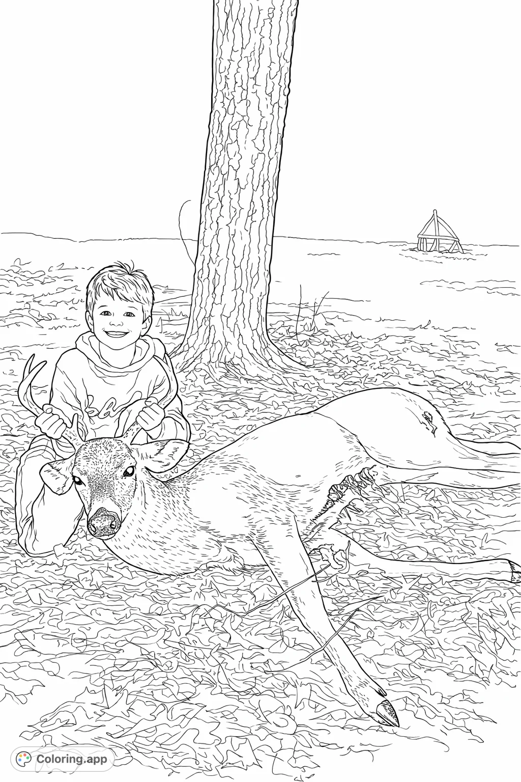 A young boy proudly poses with a harvested deer, kneeling by a tree at night. Features intricate details of the animal and outdoor setting.