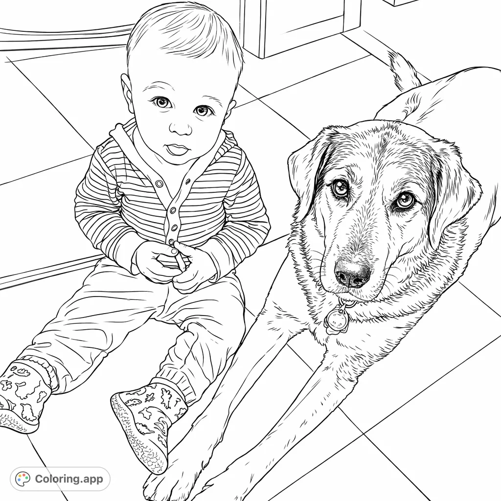Capture a heartwarming scene of an adorable baby and their loyal canine companion sharing a quiet moment on a tiled floor. Perfect for all ages.
