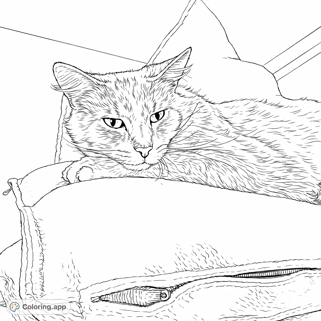 A charming feline rests comfortably on a stack of soft, textured pillows. Perfect for cat lovers to bring to life with creative colors.