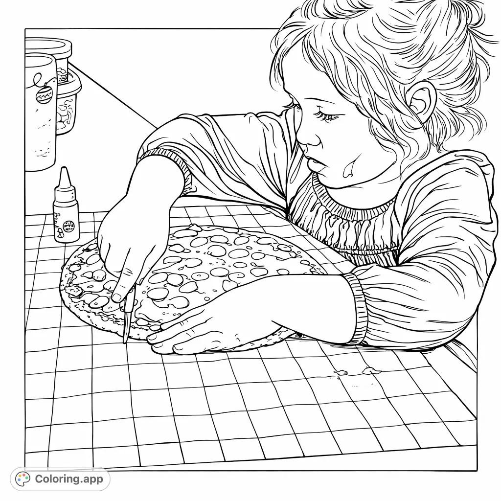 Delightful dessert pizza coloring page featuring a child chef creating a sweet treat. Engage in culinary fun with this free printable coloring page.