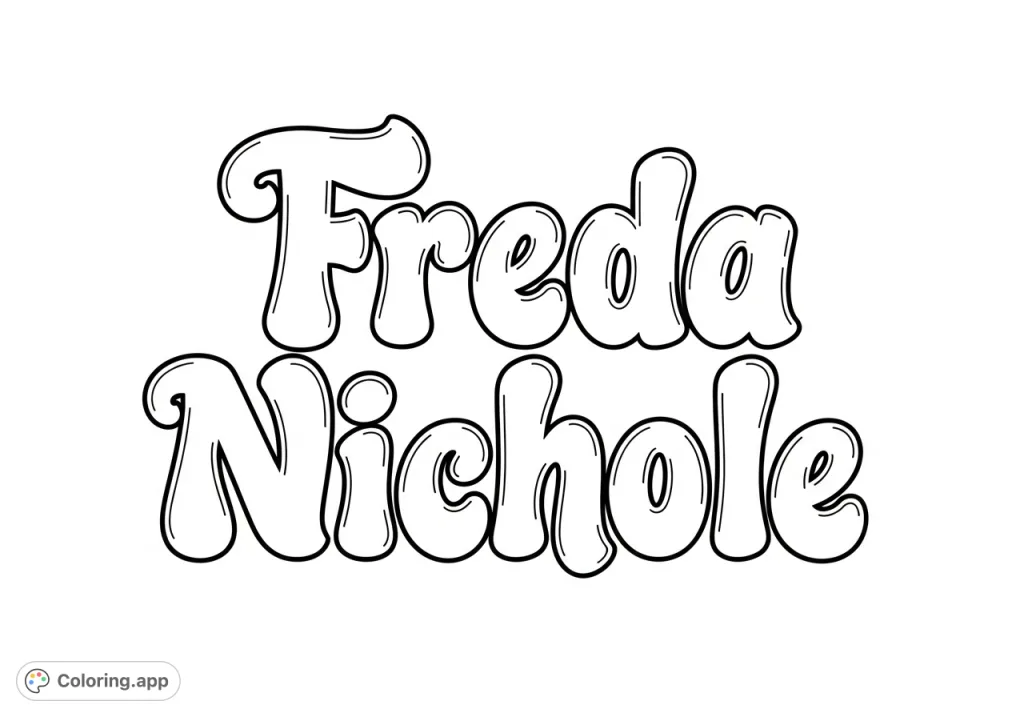 Color your own personalized 'Freda Nichole' bubble cursive name coloring page. A fun, free printable for creative expression and relaxation.