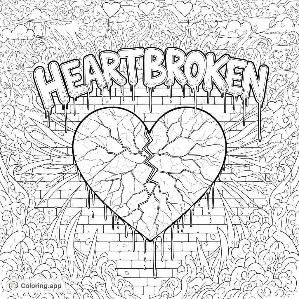 An aged brick wall features a colossal, fractured graffiti heart with dripping 'Heartbroken' text, surrounded by dynamic abstract shapes and splatters.