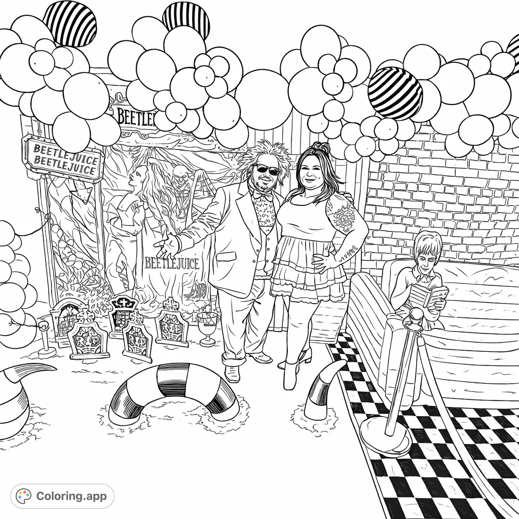 Dive into a fun and spooky Beetlejuice-themed party scene! Featuring costumed characters, tombstone decorations, and iconic striped elements for a ghoulishly good time.