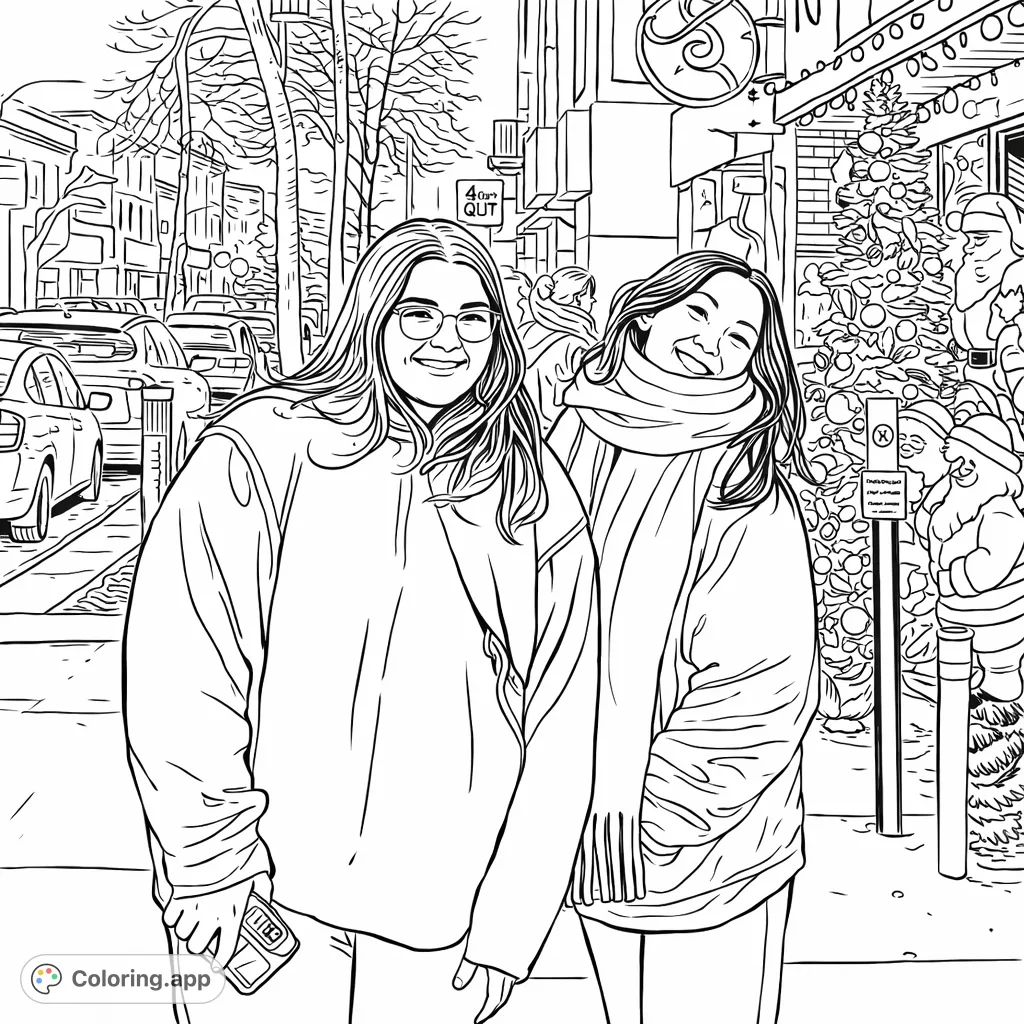 Capture the holiday spirit with this festive street friends coloring page. Two smiling individuals surrounded by urban scenery and joyful decorations.