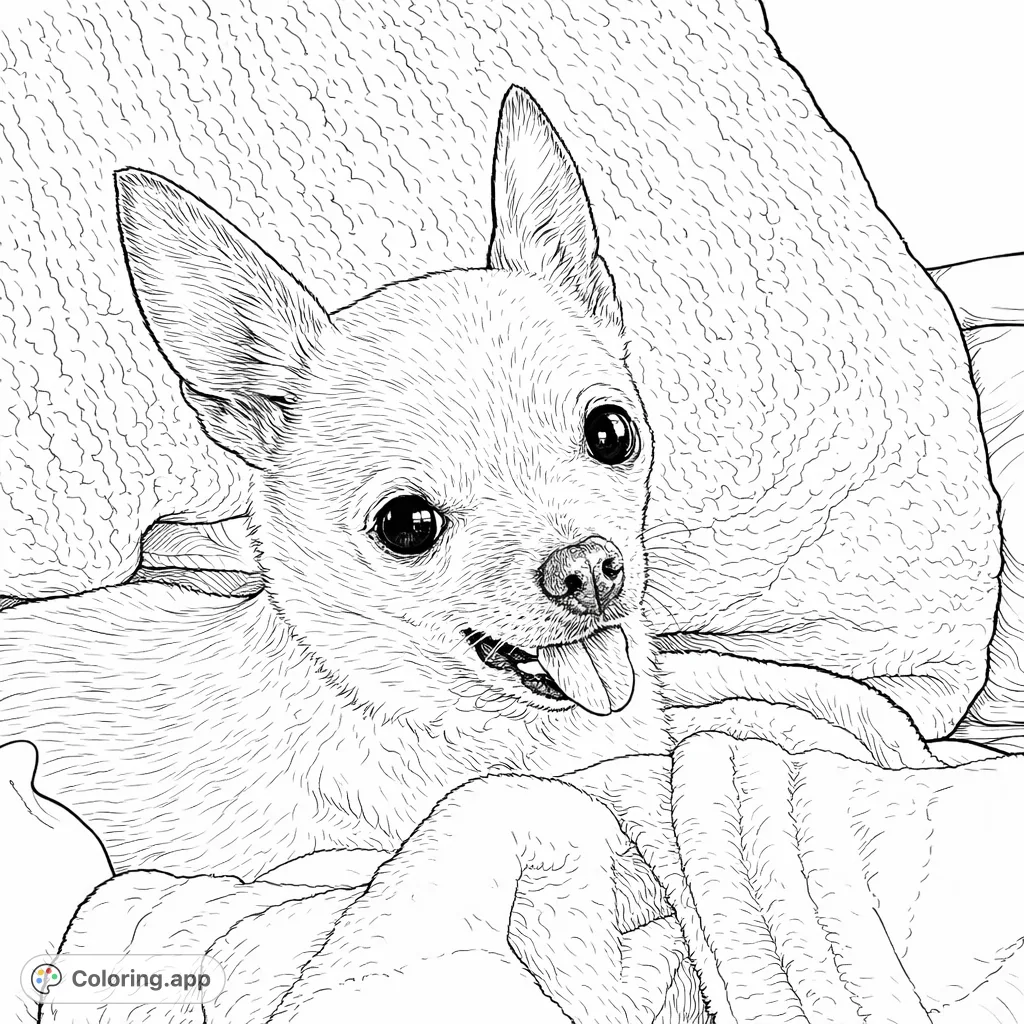 A charming chihuahua coloring page featuring an adorable dog with its tongue playfully out, nestled in a cozy blanket. A delightful pet portrait.