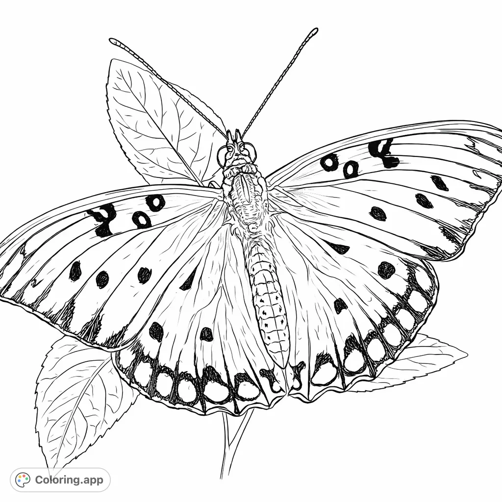 Captivating butterfly with intricate wing patterns resting on a leaf. A delightful nature scene for detailed coloring, perfect for enthusiasts of realistic insect art.