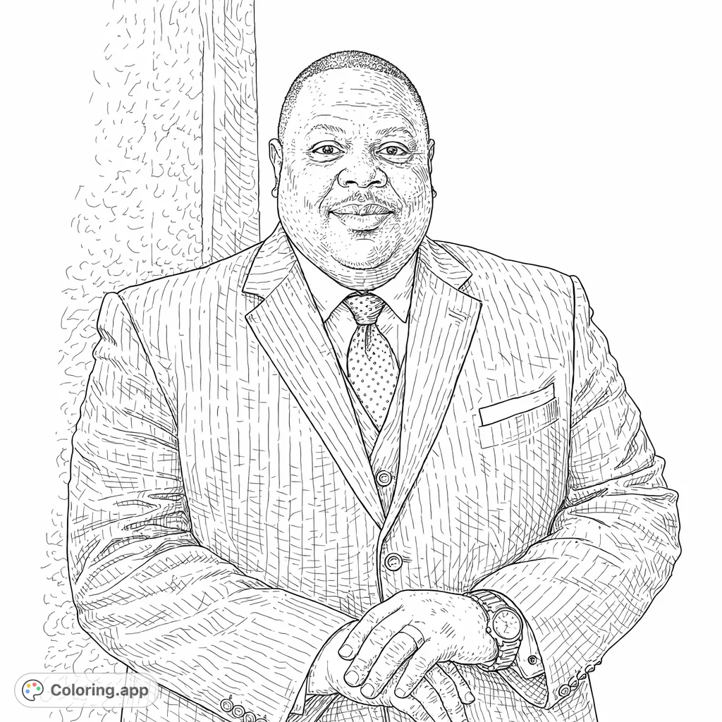 Capture sophistication with this highly detailed portrait of a professional man in a pinstripe suit and patterned tie, perfect for mindful coloring.