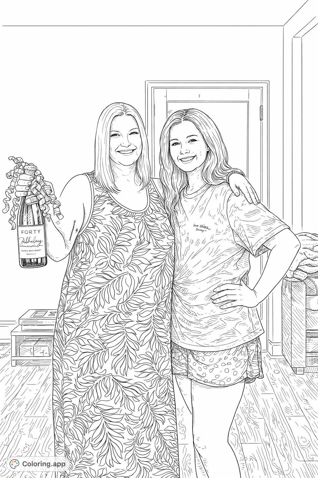 A detailed coloring page featuring two smiling women, one holding a special bottle, in a cozy indoor setting. Perfect for celebrating friendship and joy.