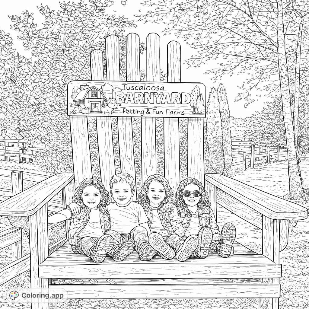 An intricate farm scene featuring four children on an enormous wooden chair with a charming farm sign. Perfect for detailed coloring and relaxation.