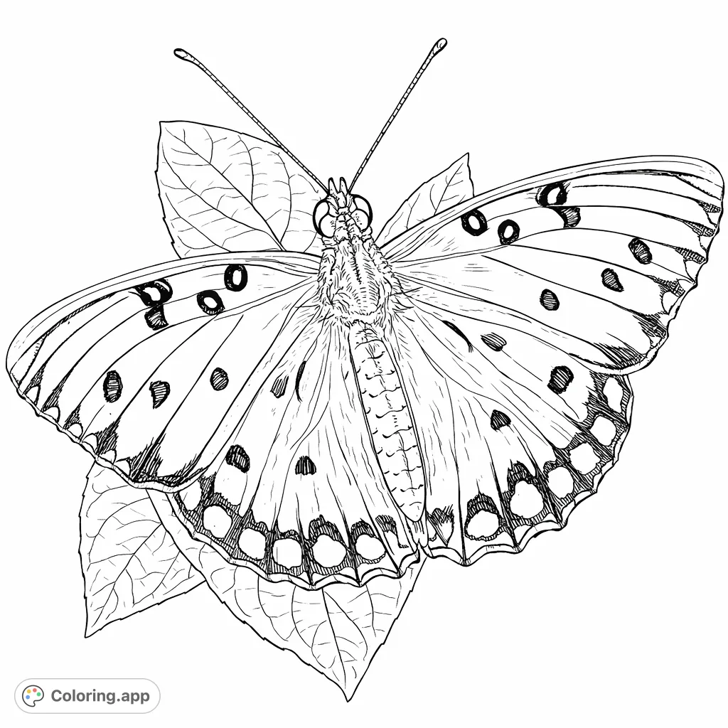 A detailed butterfly coloring page featuring elegant wing patterns and a natural leafy setting. Perfect for all ages to explore creativity and intricate designs.