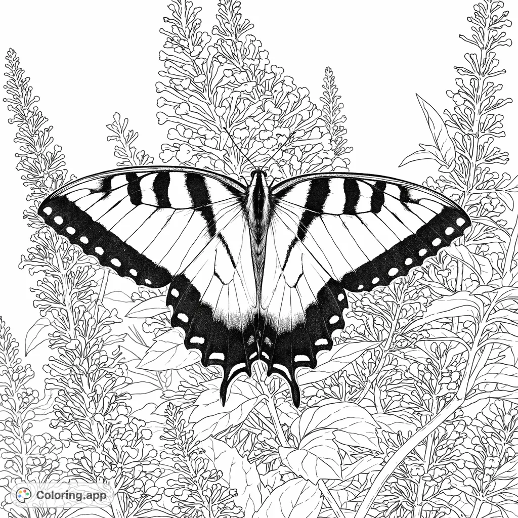 A magnificent butterfly with intricate wing patterns rests gently on a vibrant floral bloom, surrounded by lush foliage. A detailed nature scene perfect for mindful coloring.