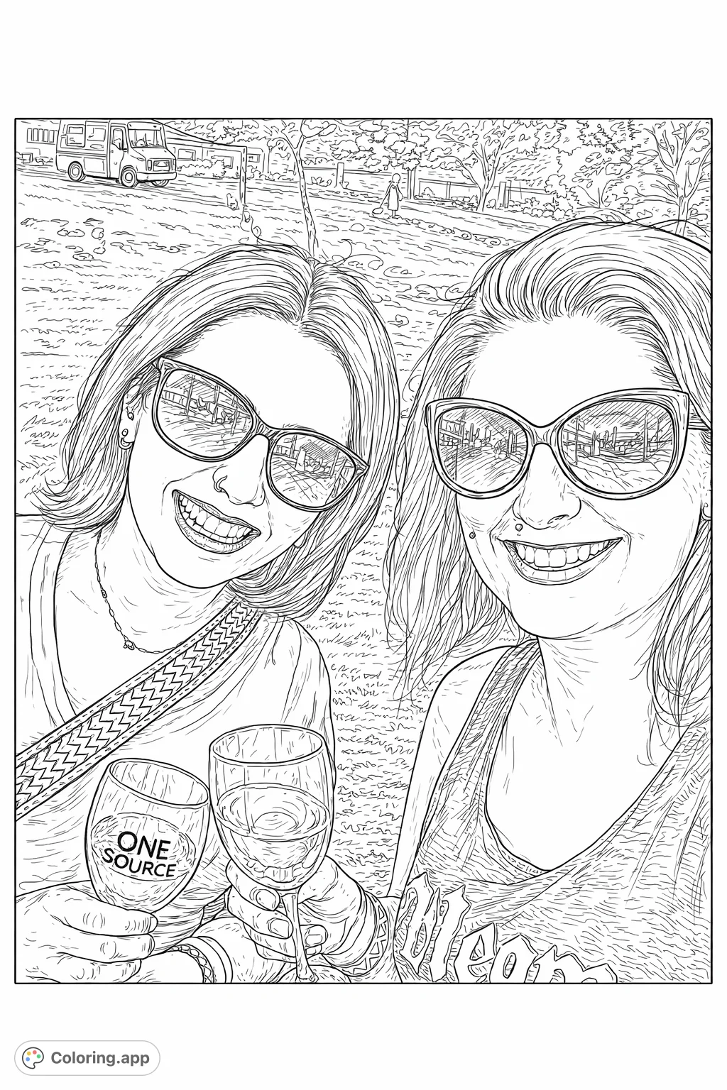 Two smiling friends share a moment outdoors, holding glasses. An intricate design with complex patterns, perfect for a detailed coloring experience.