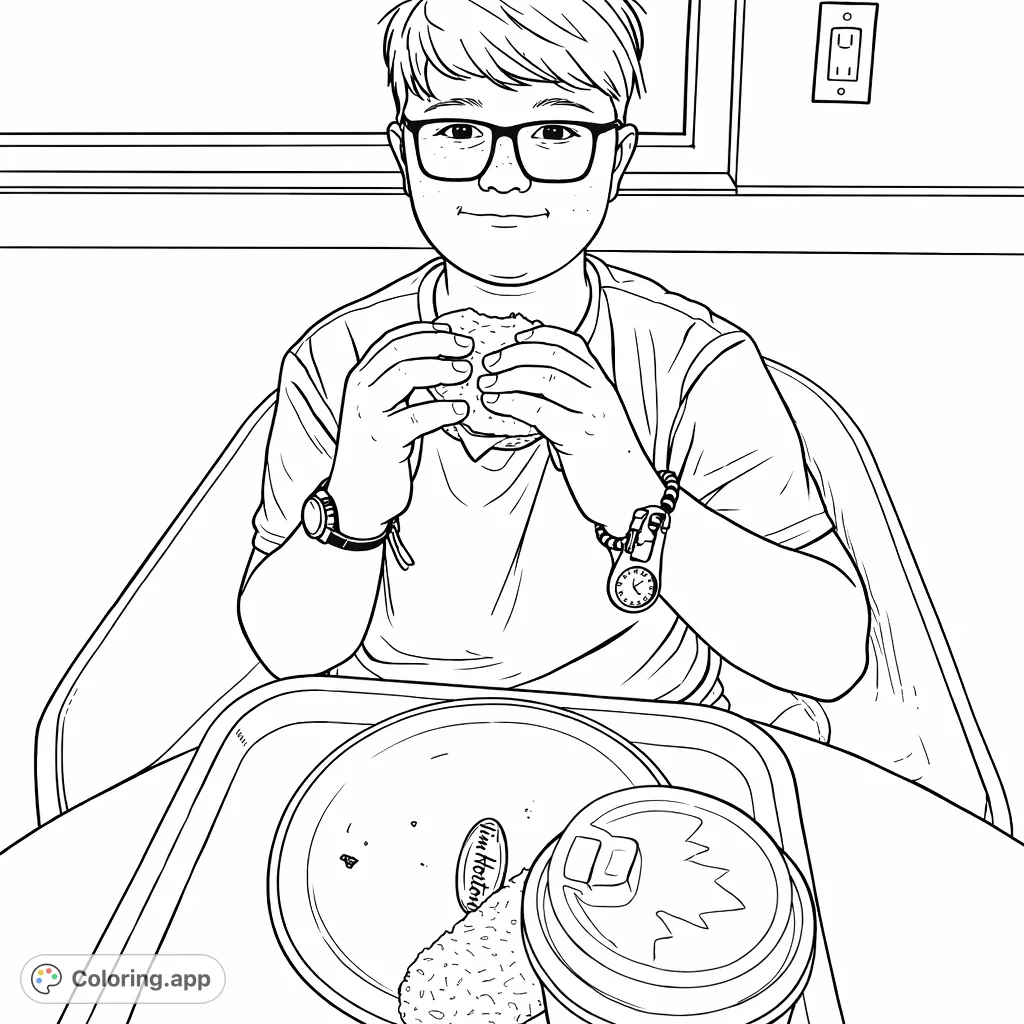 A delightful coloring page featuring a young boy enjoying a meal at a cafe, complete with a sandwich, hash brown, and drink. Perfect for a relaxing activity.