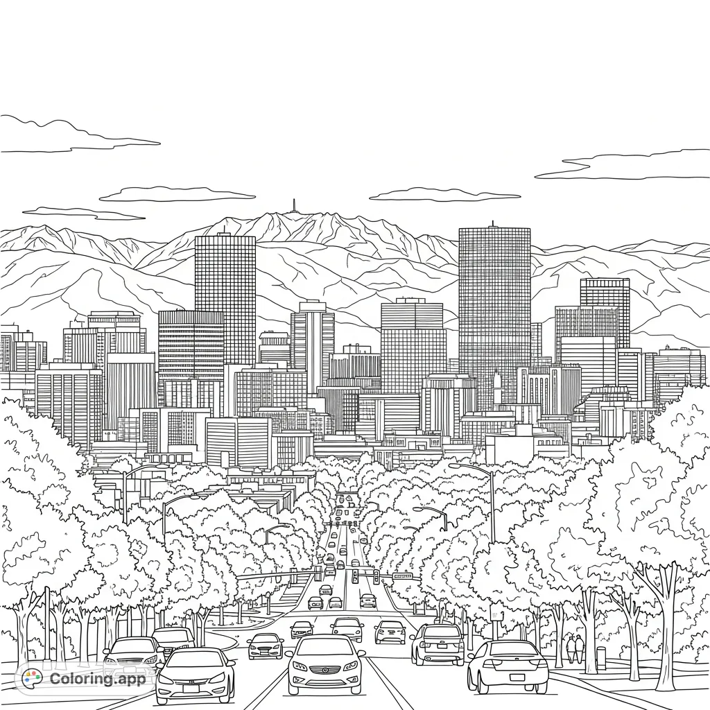 Explore the vibrant Denver city skyline, complete with towering buildings, a busy street with cars, lush trees, and the majestic Rocky Mountains. A captivating urban landscape.
