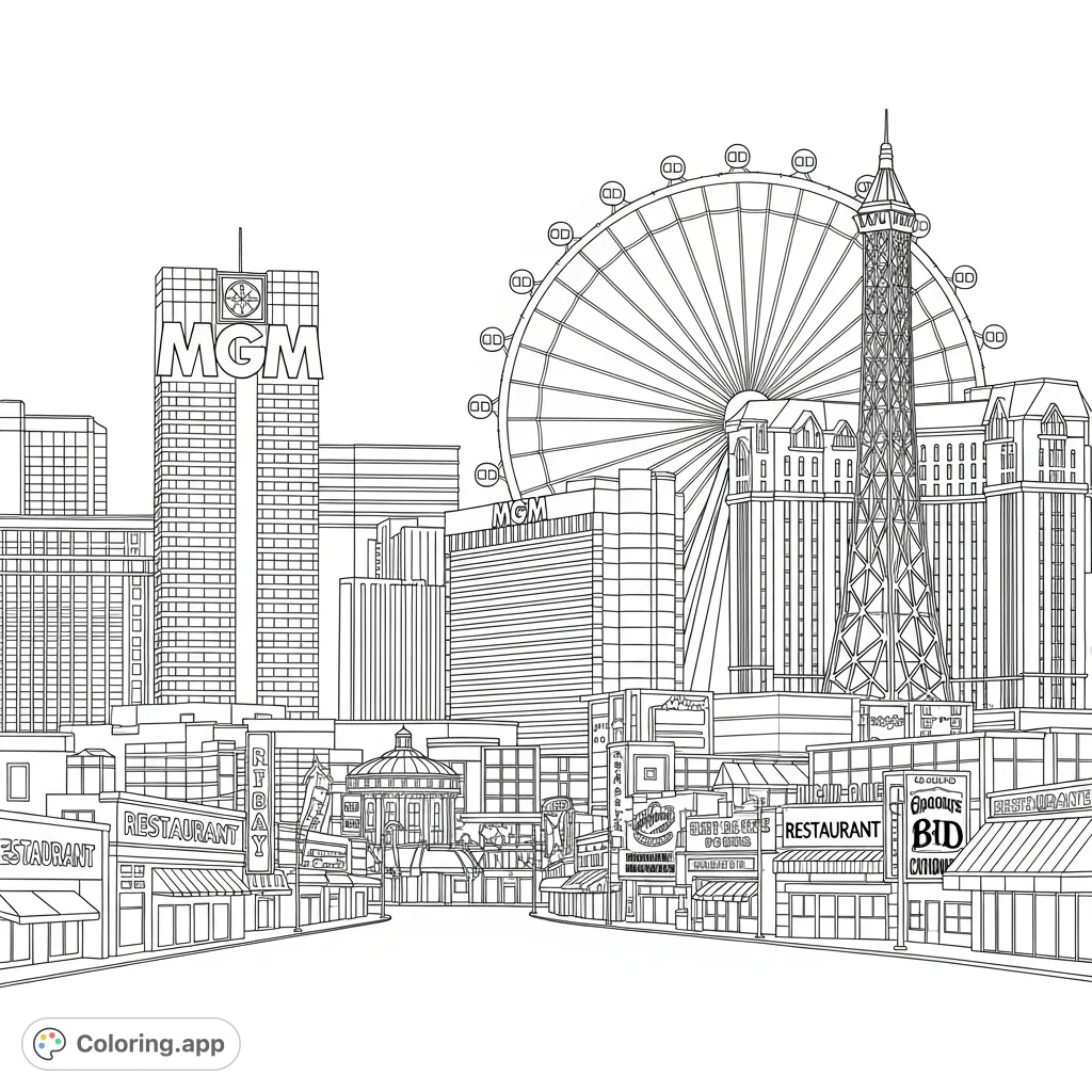 Explore a detailed Las Vegas skyline coloring page featuring iconic hotels like MGM, bustling restaurants, and a towering Ferris wheel, perfect for urban enthusiasts.