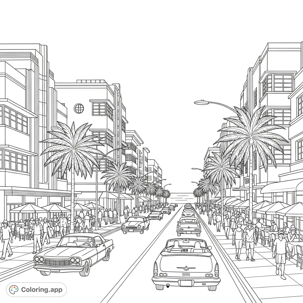Immerse yourself in a vibrant Miami Beach Ocean Drive scene, featuring iconic Art Deco architecture, classic cars, and swaying palm trees ready for your creative touch.