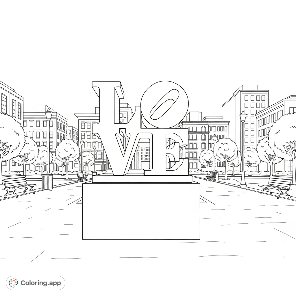 Capture the iconic Philadelphia 'LOVE' statue in a detailed coloring page. Explore urban charm and famous landmarks, perfect for all ages to personalize.