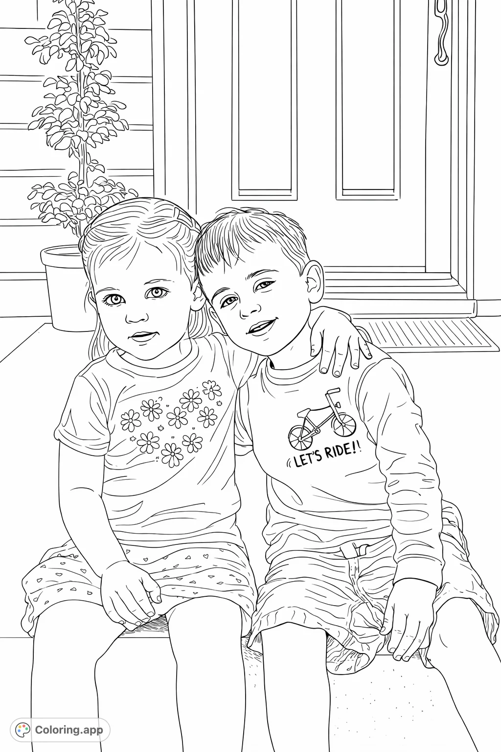 A heartwarming siblings coloring page featuring two children sitting together on a porch. Perfect for family themes and creative fun.