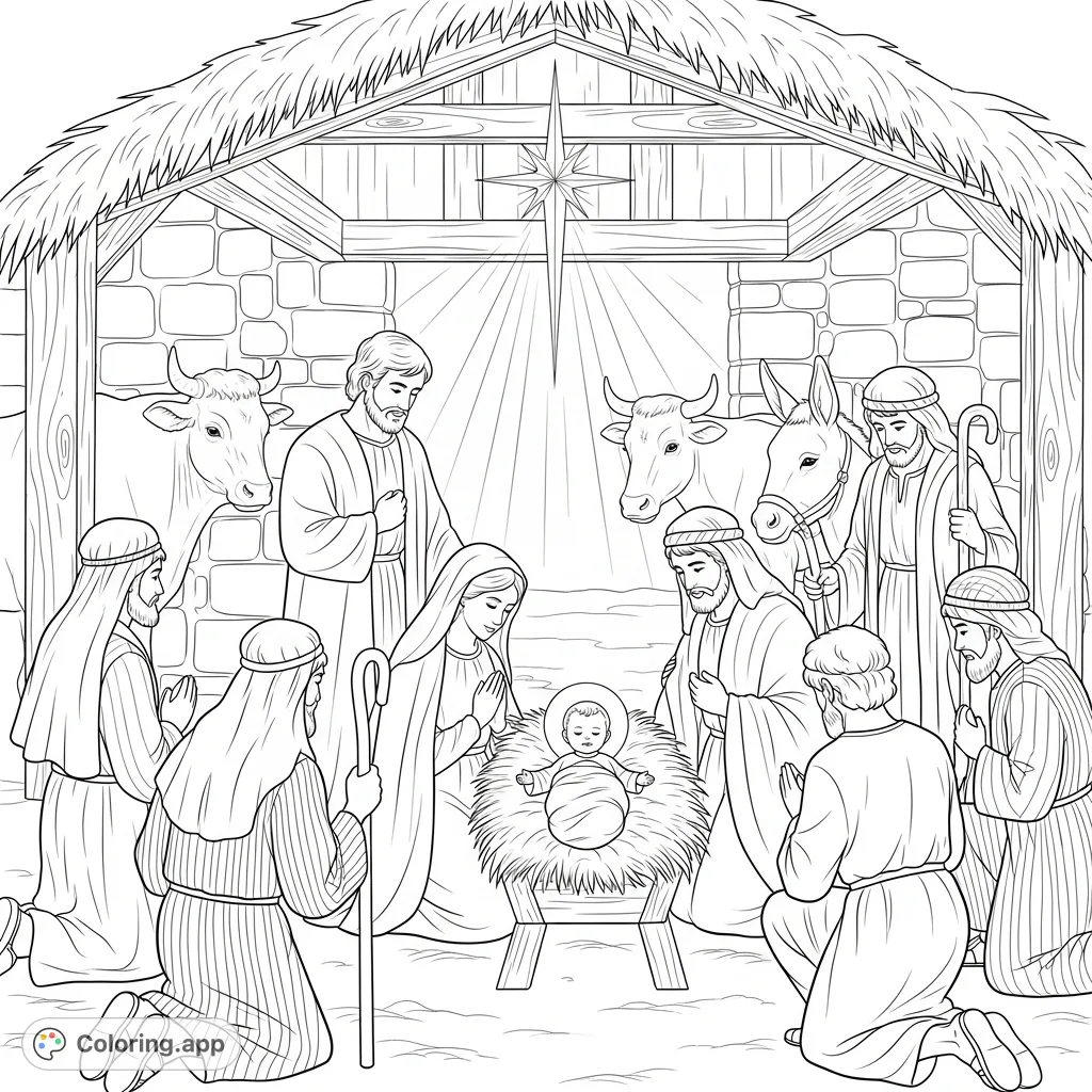 A touching nativity scene coloring page featuring Baby Jesus, Mary, Joseph, and adoring shepherds in a rustic stable, perfect for reflection.