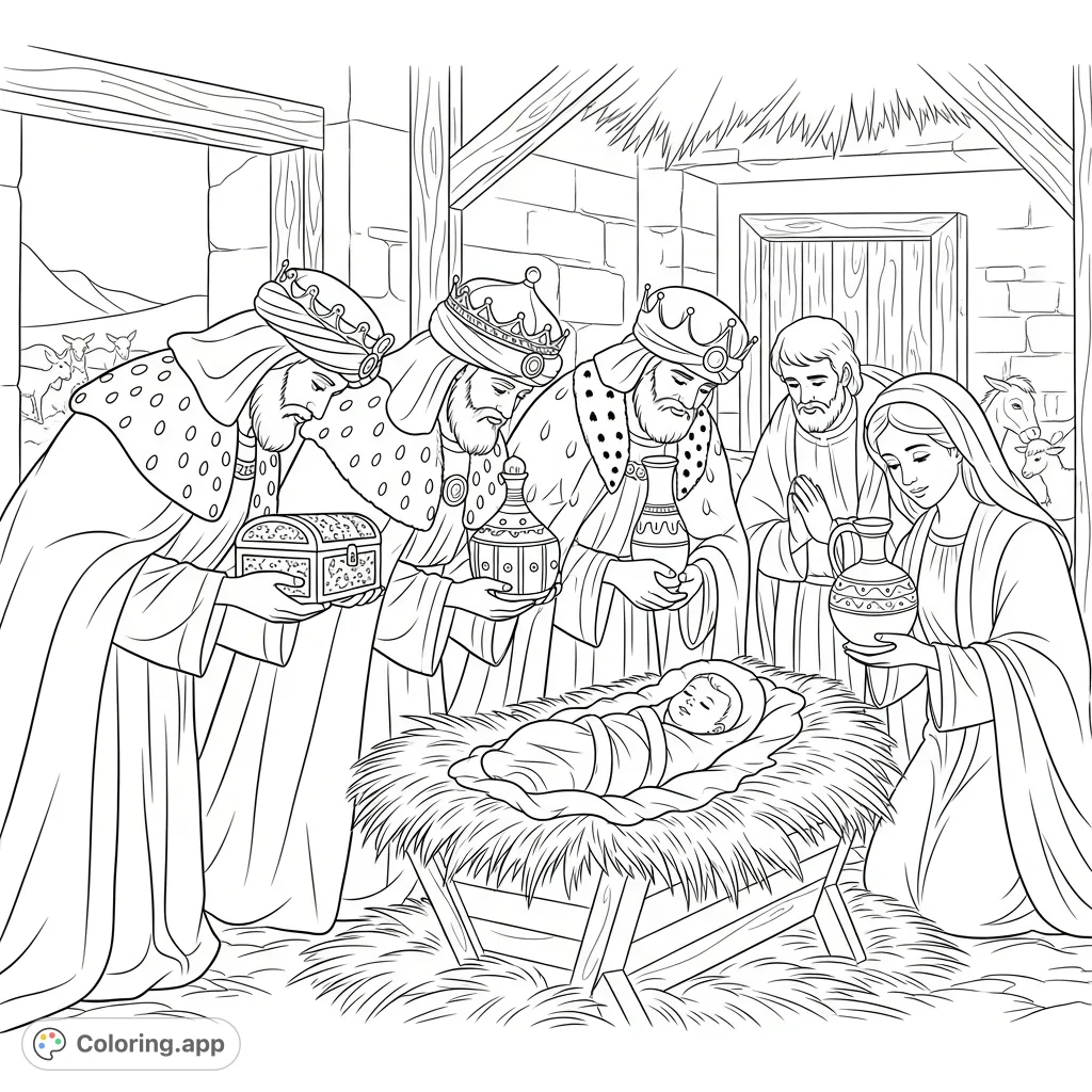 A heartfelt Nativity scene featuring the Three Kings bowing with gifts before infant Jesus, Joseph, and Mary. A beautiful free printable coloring page.