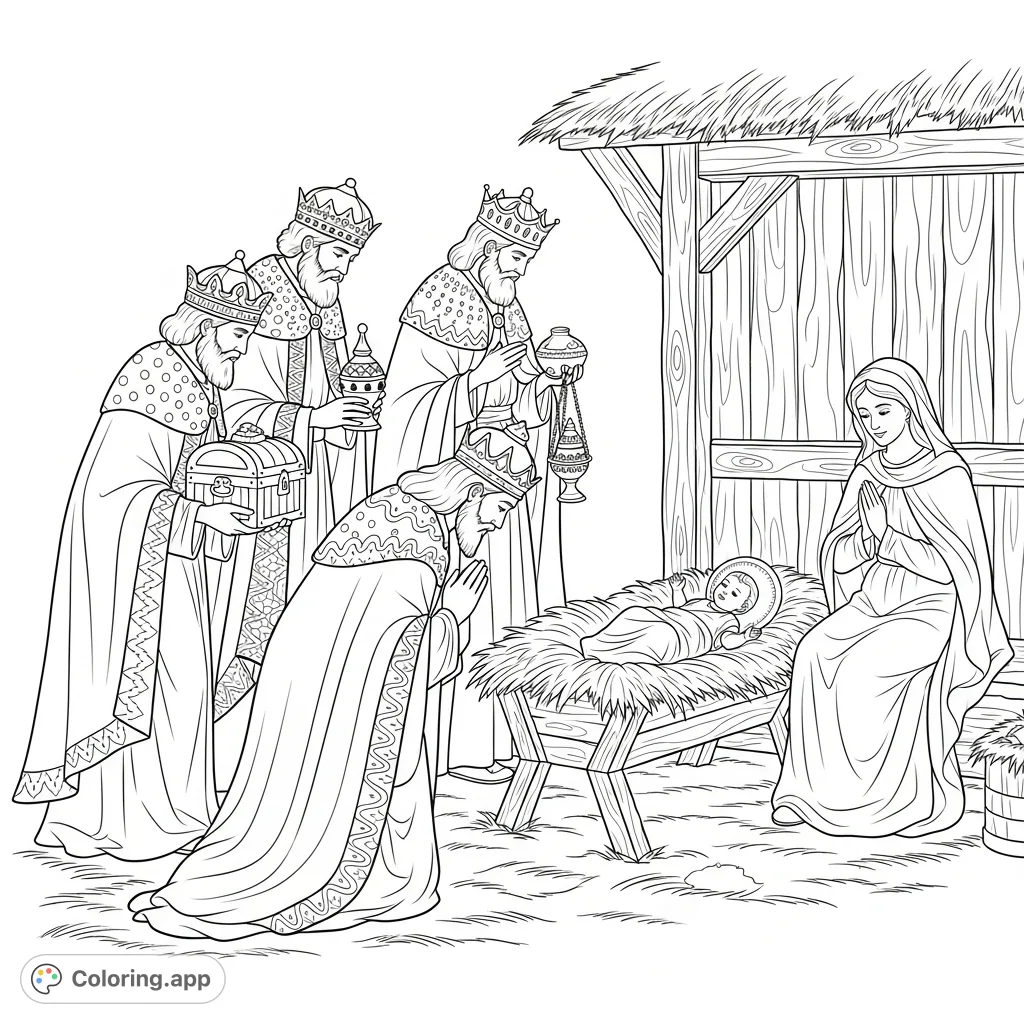 Witness the sacred moment of the Three Kings' adoration, presenting their precious gifts to Baby Jesus with Mary nearby. A timeless Nativity scene.
