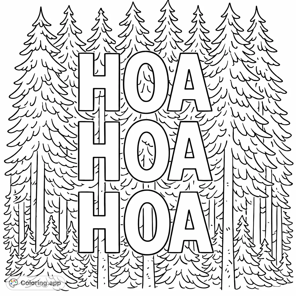 Bring holiday cheer to life with this unique 'HOA HOA HOA' forest coloring page! A fun, festive scene amidst charming evergreen trees, perfect for all ages.