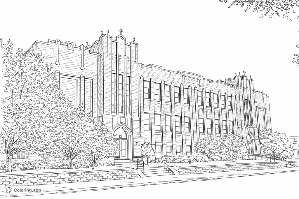 Color a detailed architectural building featuring intricate brickwork, arched entrances, and stately design elements, surrounded by foliage and a clear sky.