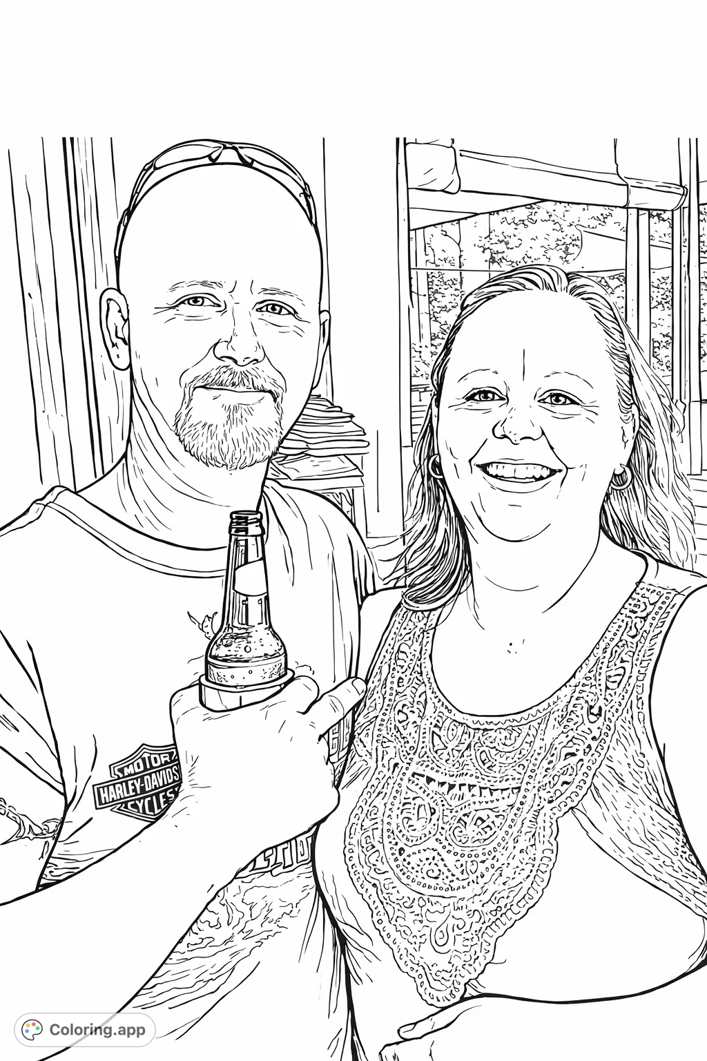 A cheerful couple enjoys an outdoor gathering, featuring a man holding a bottled beverage and a woman with an intricately patterned top. A rustic, relaxed scene.