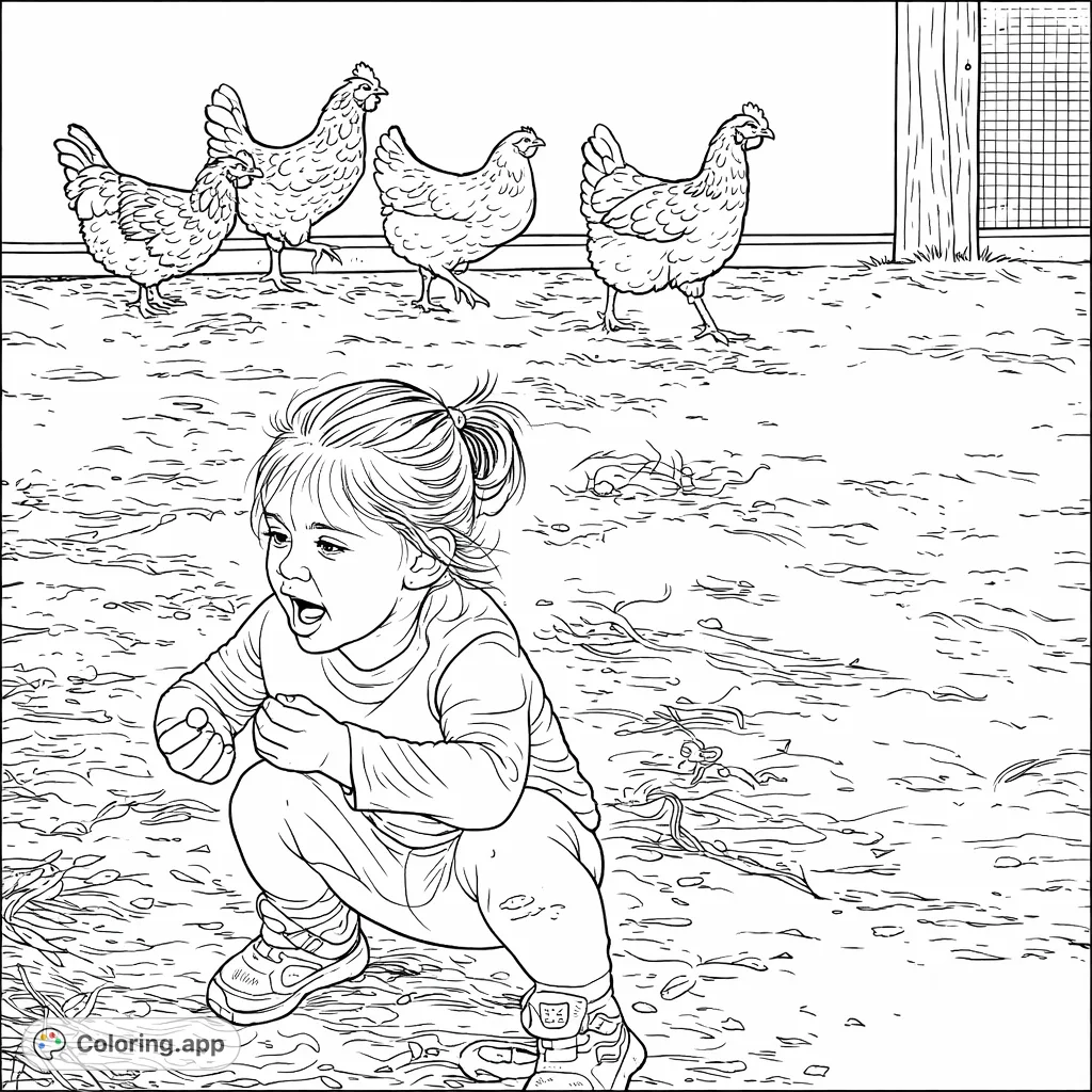 A delightful scene of a curious child squatting on the ground, interacting with several domestic fowl behind a fence. Perfect for animal lovers and farm fun!
