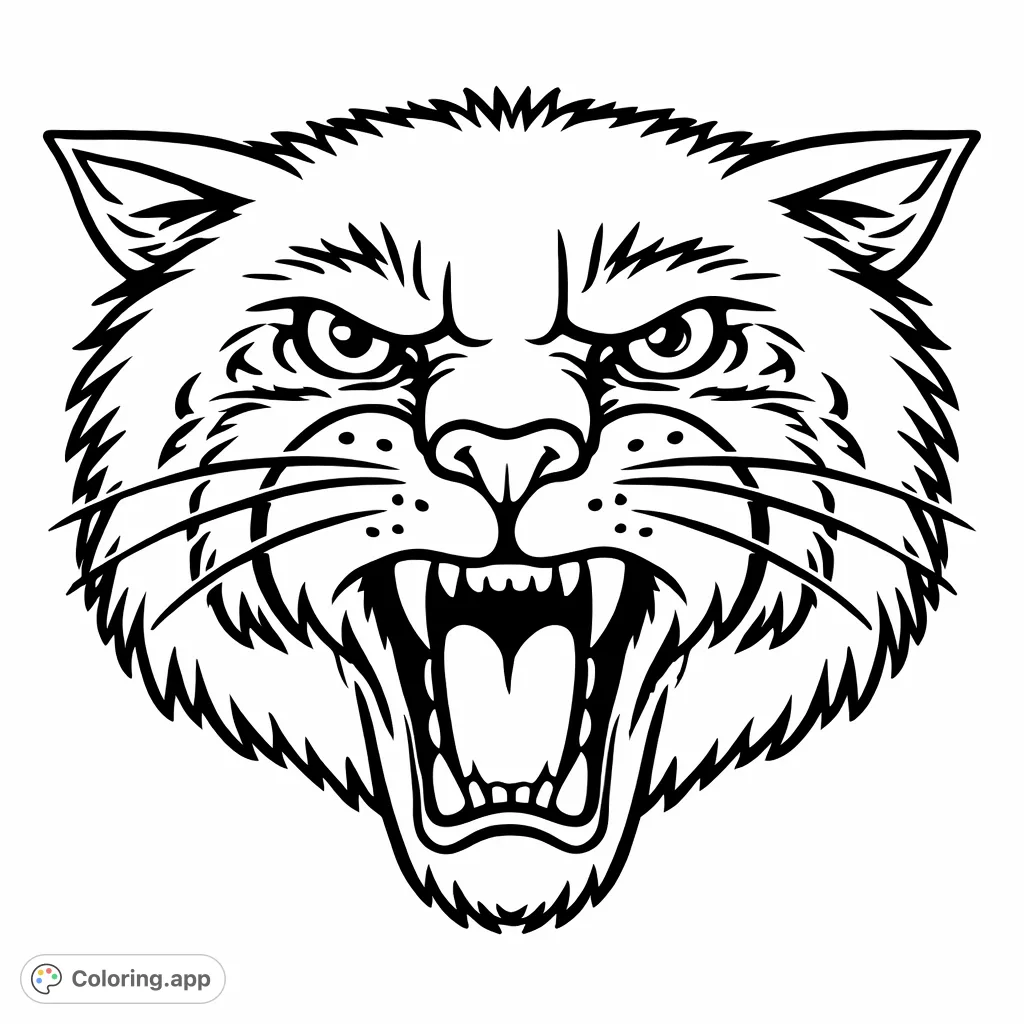 Unleash your creativity with this fierce wildcat mascot coloring page, featuring a roaring feline head with intense eyes and sharp fangs. Perfect for all ages!