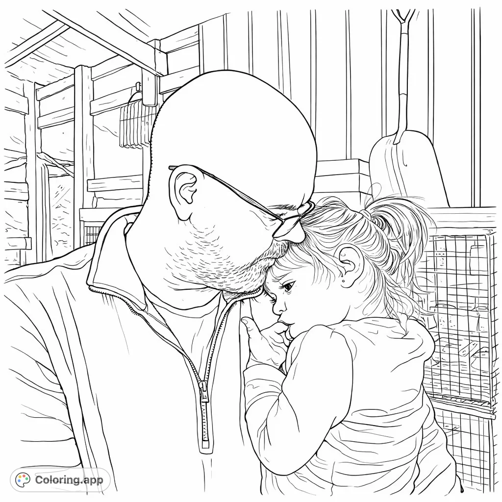 Capture a heartfelt moment between a man and a child in a rustic setting. This tender scene is perfect for expressing warmth and connection.
