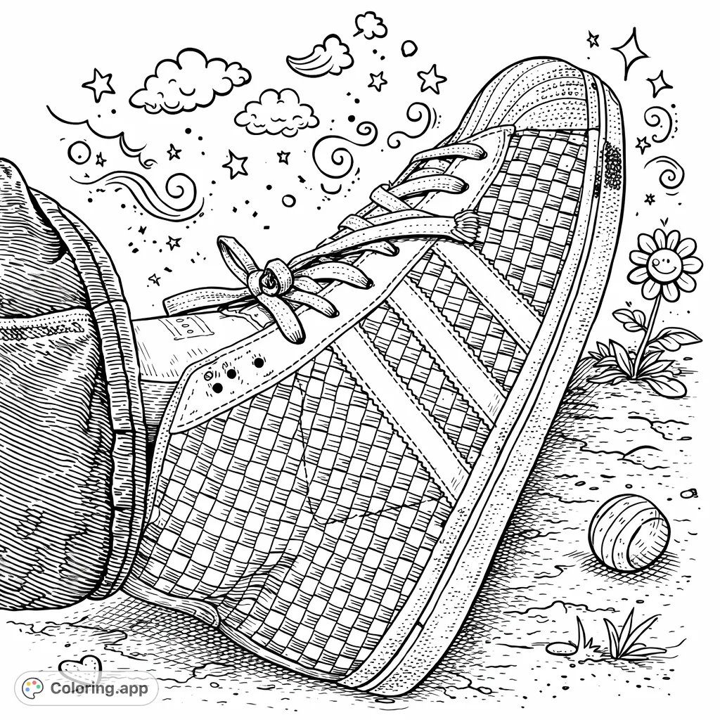 Step back in time with this detailed vintage sneaker coloring page! Featuring intricate woven patterns and classic stripes, it's a free printable for fashion enthusiasts.