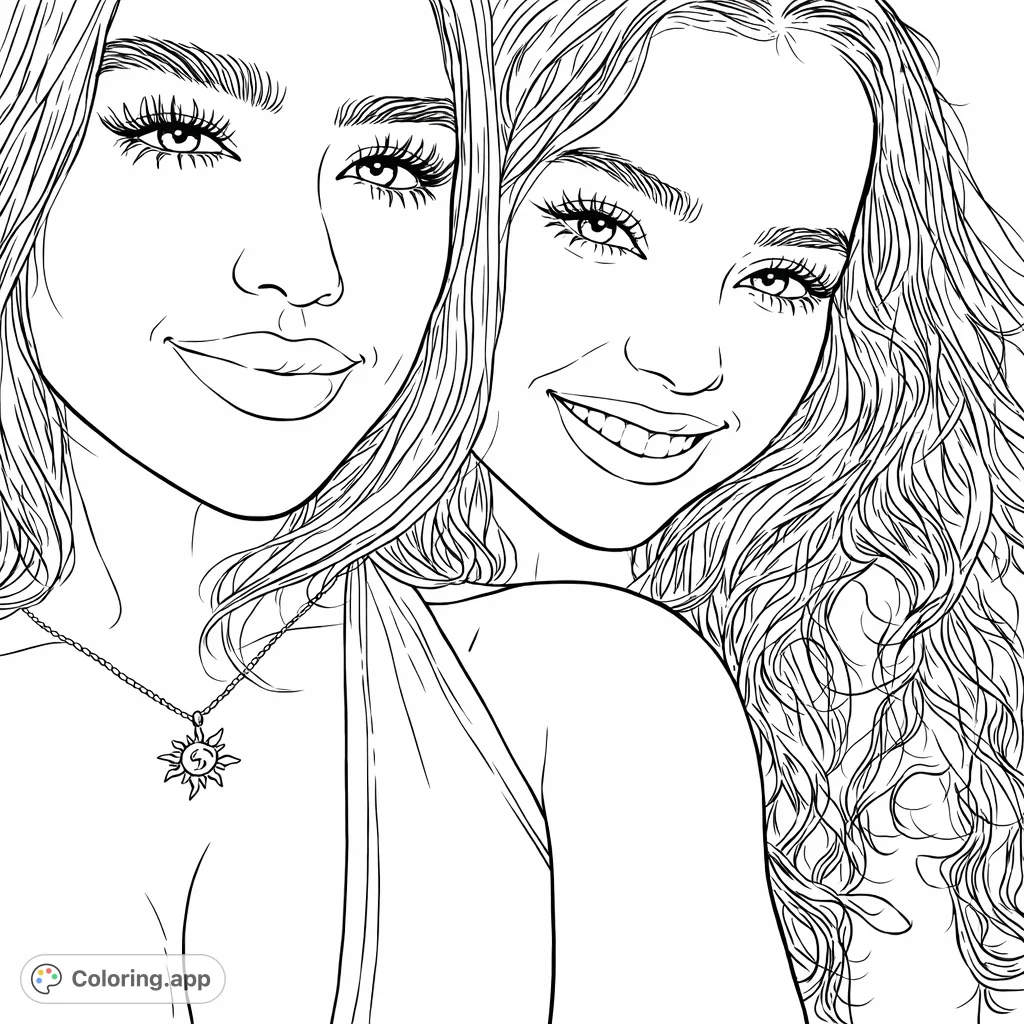 A close-up portrait of two smiling young women, perfect for a friendship-themed coloring page. Features detailed faces, hair, and a unique sun pendant.