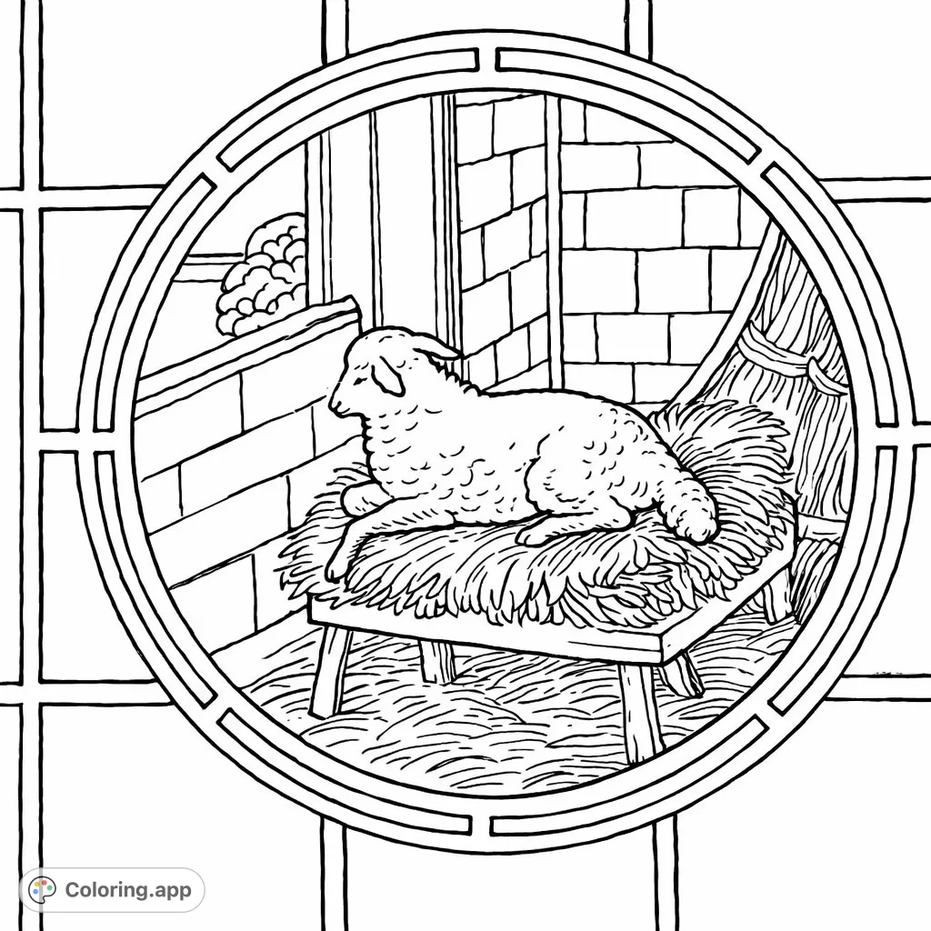 A peaceful lamb rests on a hay bed within a rustic stable, enclosed by a round frame. A simple, hand-drawn sketch for a calming coloring page.