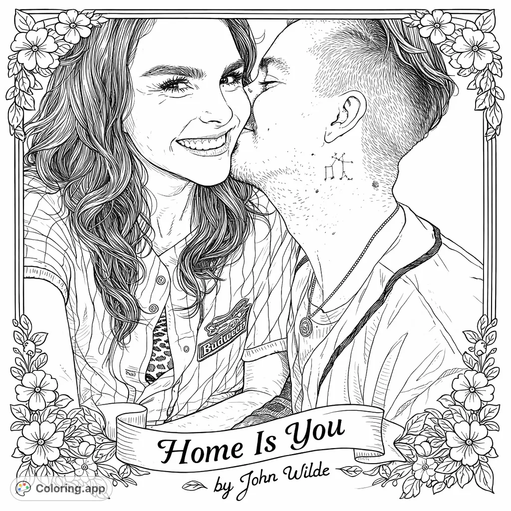 A loving couple shares a tender moment at a vintage ballpark, adorned with decorative floral borders. This retro 'Home is You' coloring page captures nostalgic romance.