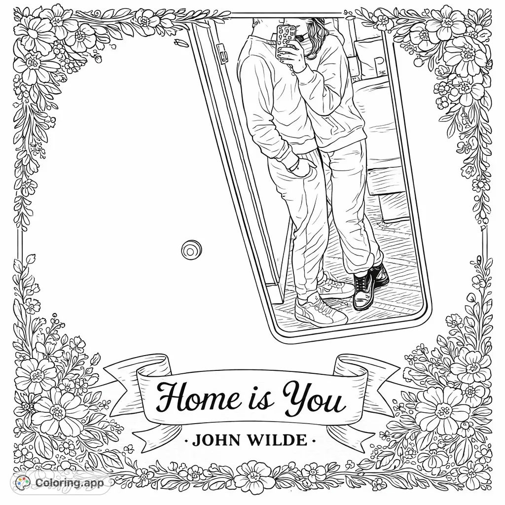 Embrace the 'Home is You' coloring page, a free printable featuring a vintage couple reflection, framed by decorative flowers and leaves. Perfect for adults, this romantic coloring page offers a sentimental escape.