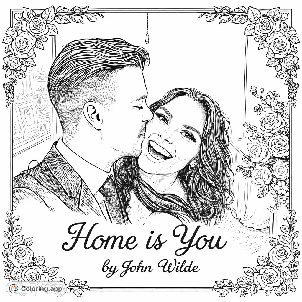 A romantic coloring page depicting a couple in a loving embrace, surrounded by vintage decorative flowers. Inspired by 'Home is You,' it celebrates connection and warmth.