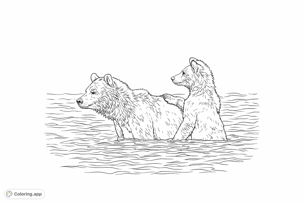 A heartwarming bear family coloring page featuring a large bear and its cub standing in rippling water. Perfect for animal lovers and nature enthusiasts.