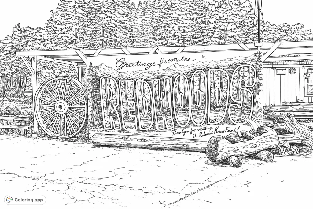 Discover a detailed Redwoods coloring page featuring a prominent 'Greetings from the REDWOODS' sign, a large wagon wheel, and natural forest elements. Enjoy this free printable coloring page.