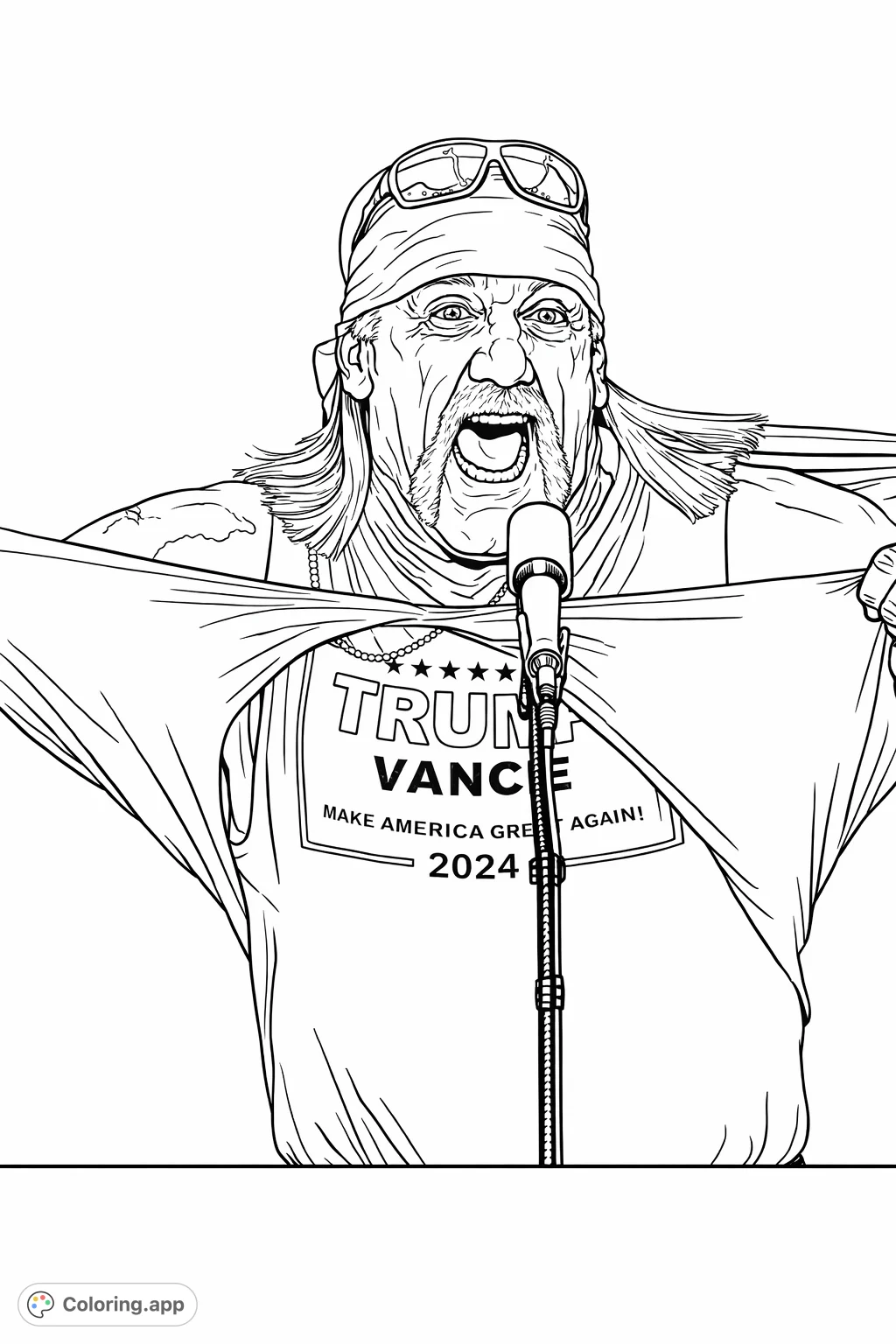 Capture the excitement of a wrestling icon tearing open a shirt to reveal a powerful message on stage. A dynamic image for creative coloring.